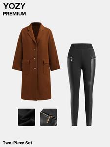 YOZY Women's Solid Button Front Coat & Leggings Two-piece Set, Casual Outerwear & Pants for Daily Wear, Ladies Fall & Winter Clothes