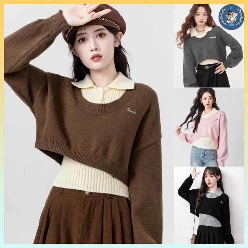 A380 Set 2 MÓN áo len dệt kim nữ CROPTOP KÈM TAG và ÁO 3 LỖ có cổ tay dài phối rách siêu hot - L2M Top Women Fashion 【 hoa hồng 【 Hỏa tốc