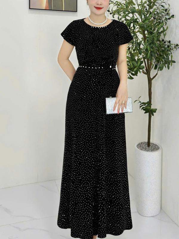 Đầm MAXI trung niên dáng chữ A che khuyết điểm, dự tiệc sang trọng vải thun nhũ cao cấp đính đá, tặng mẹ co giãn tốt bigsize M681