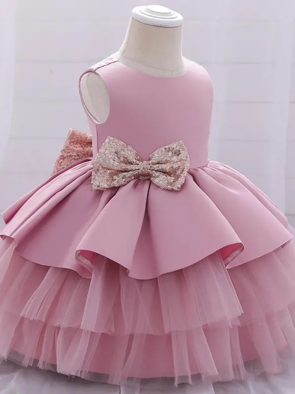 Toddler Girl's Solid Big Bow Decor Tulle Dress, Elegant Romantic A Line Tutu Dress for Party Show Wear, Kids Clothes for All Seasons 2