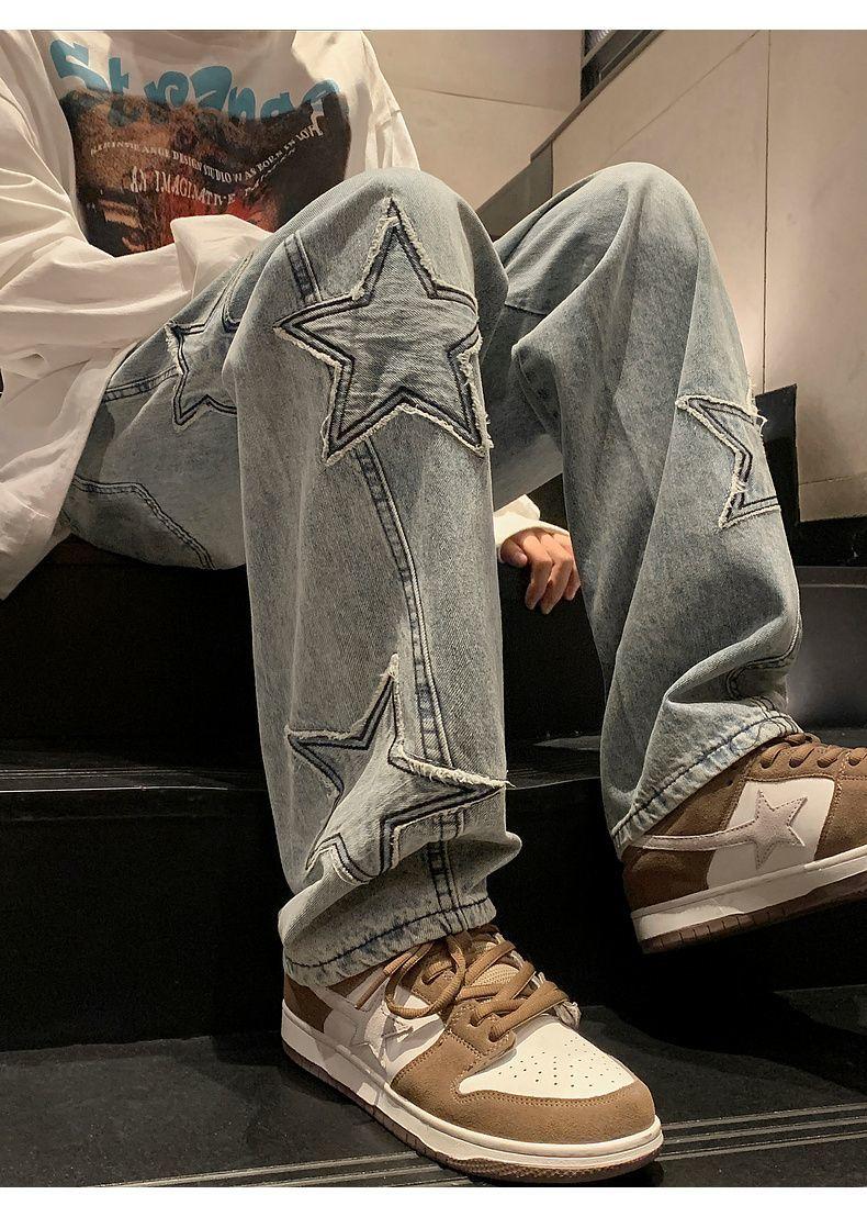 Product Introduction of Pants Men's Ins Fashionable Loose Wide-Leg American Vibe High Street Jeans Men's Fashionable Fried Street Ruan Shuai Straight Men's Pants Sneaker 29