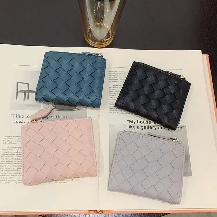 Women's Short Wallet, Woven Leather Women's Coin Purse with Zipper Card Holder