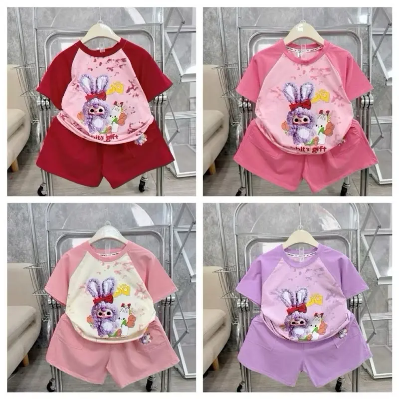 (22-35kg) Bộ quần áo cotton cộc tay in LOANG THỎ rabbit cho bé gái