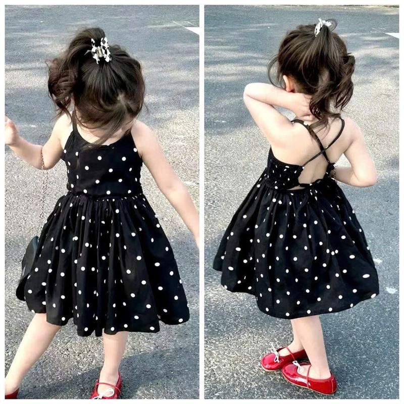 Váy Chấm Bi Đen Tặng Buộc Tóc Xinh Xắn Cho Bé Gái 8-25kg