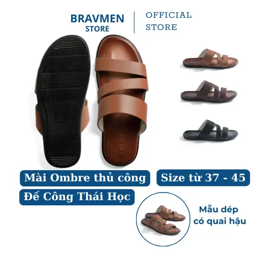 Dép da nam Công Thái Học, đế mài Ombre thủ công độc đáo thiết kế 3 quai chính hãng K01