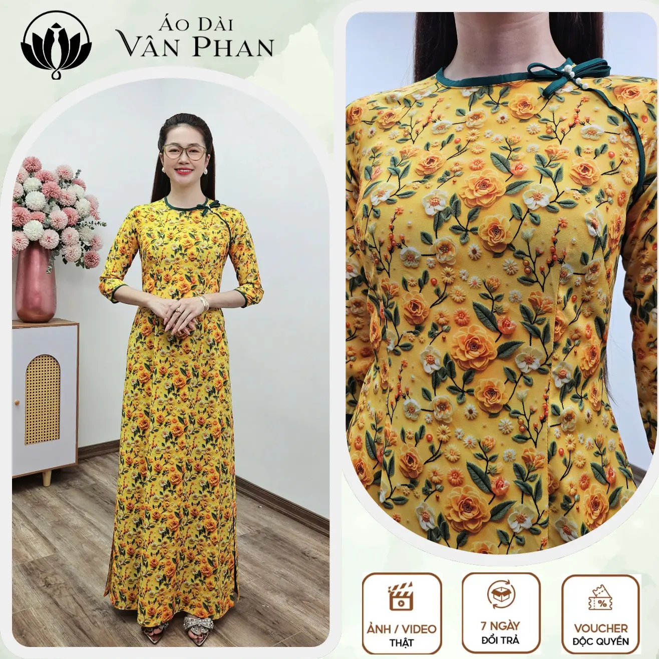 Áo dài cổ khít tay lỡ vải lụa nhật hoa đào viền xanh đính nơ A2803  - Áo dài Vân Phan