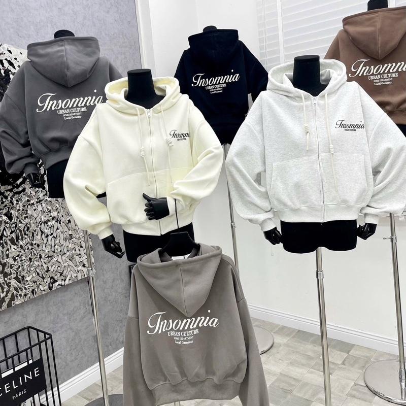 Áo Khoác Nỉ Form Lửng 2 Da QC In Insonia, áo khoác nữ form 40-65kg mặc đẹp Hoodie Zip Women Jacket Top Có 1 Túi Có Túi 8