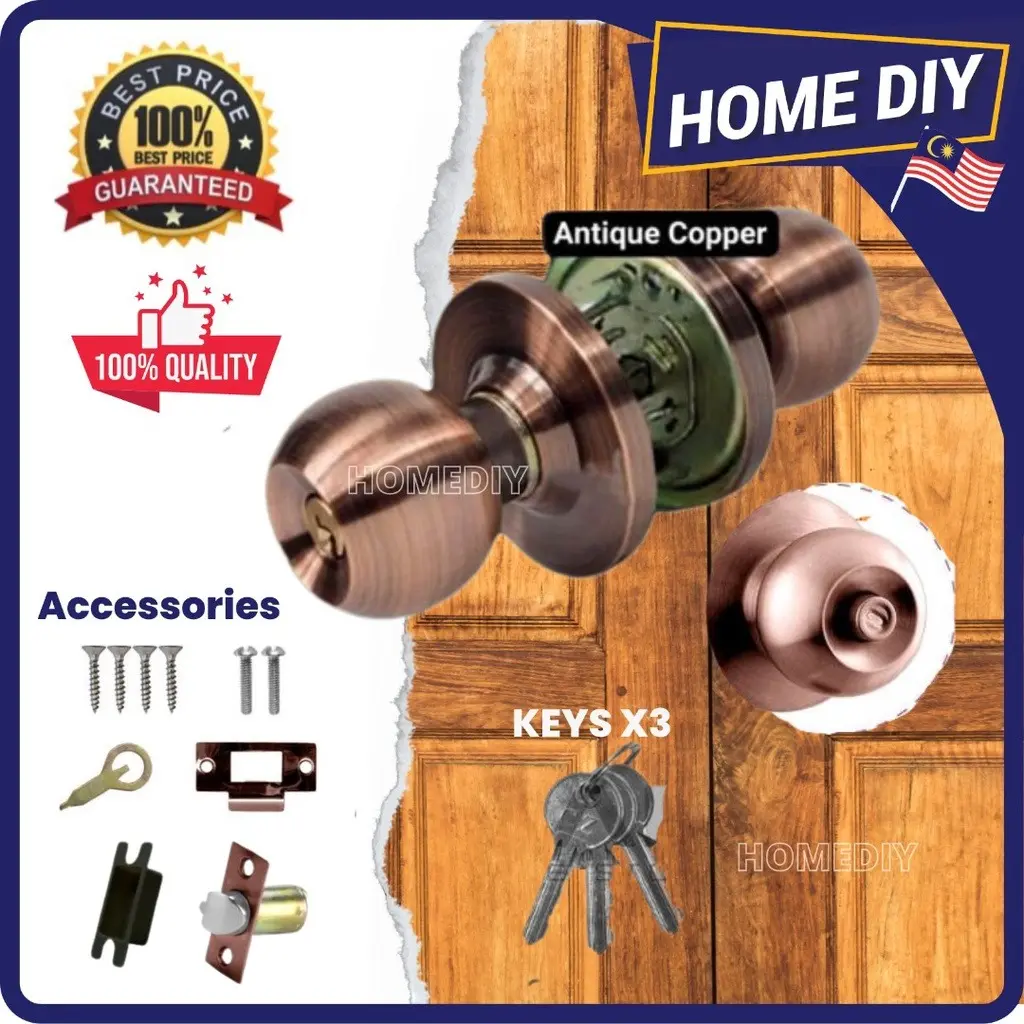 AC Cylindrical Door Knob Lock Set | Tombol Pintu Bilik / Tombol PIntu Bulat (Bedroom/Entrance Use) | BACKSET - 60MM Hardware