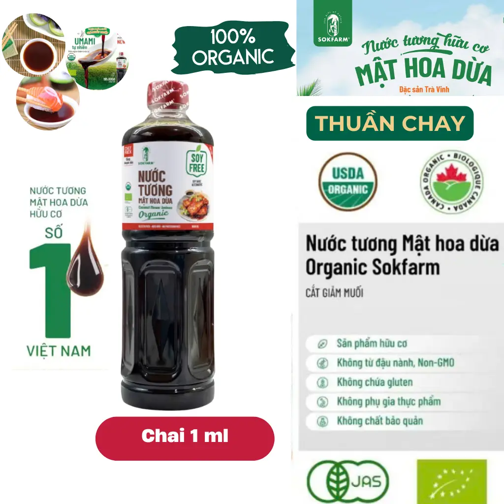 Nước tương hữu cơ Mật Hoa Dừa Sokfarm Hàng Việt Nam xuất khẩu chai lớn siêu tiết kiệm, thuần chay, không đậu nành, không gluten, dùng được cho người tiểu đường