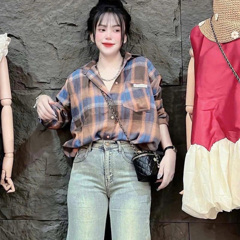 Áo Kẻ Ô Xinh Xắn Chất Nỉ Bông Mềm Mại Phong Cách Form 40-65kg Áo Công Sở Xinh Nữ Women Top Cotton Sơ Mi 4