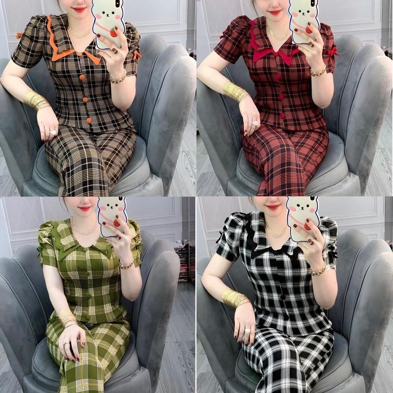 Đồ Bộ Dài áo dập ly Lụa Mango cổ bèo nhọn tay nhún - Women Top  Tay Loe Nhung Ong Áo Ống Loe