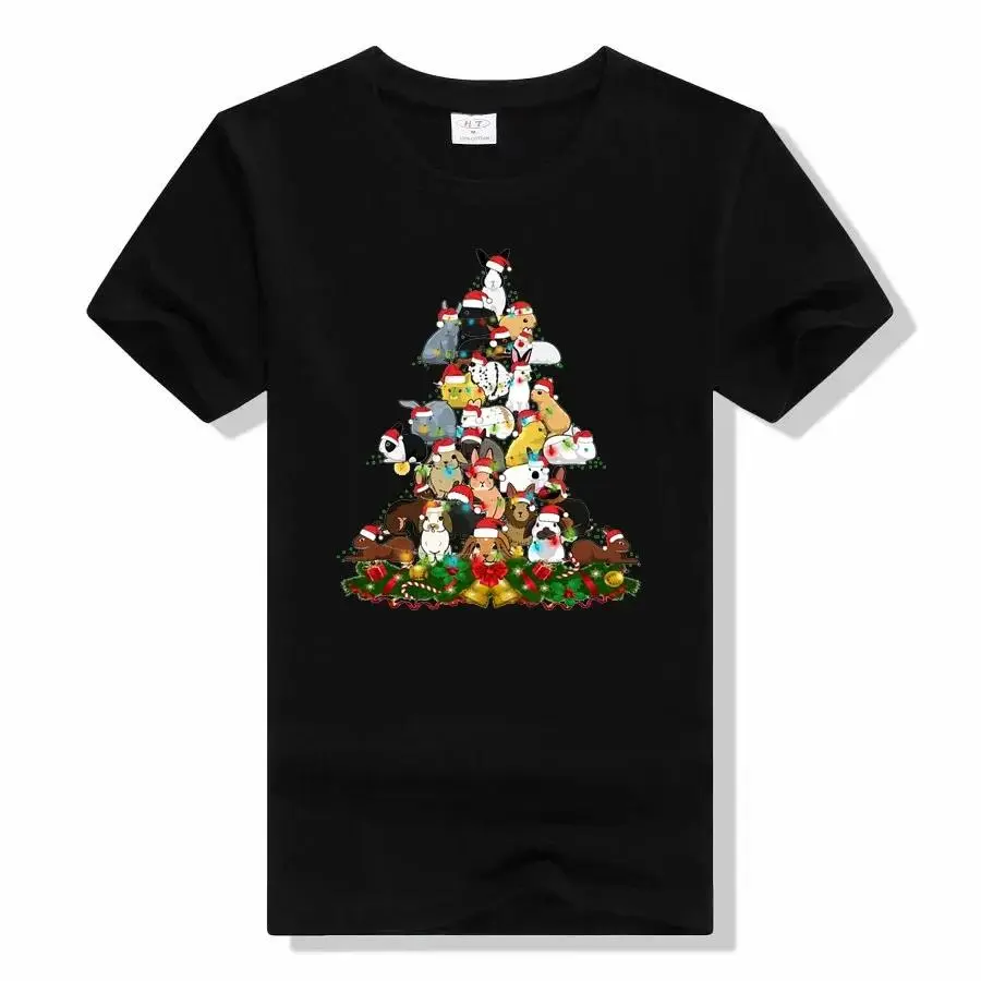 Bunny Christmas Tree Graphic T-Shirts Funny Rabbits Printed Aesthetic Clothes Basic  Outfits Family Matching Tee Xmas Gift Sleeve Womenswear Casual Summer Suits Sleeve Light Polyester Pullover Short