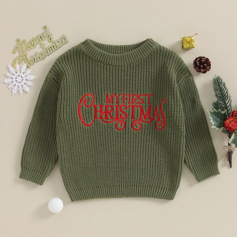 Baby Girls Christmas Knit Sweater Beige Long Sleeve Letter Print Pullover Knitwear 3
