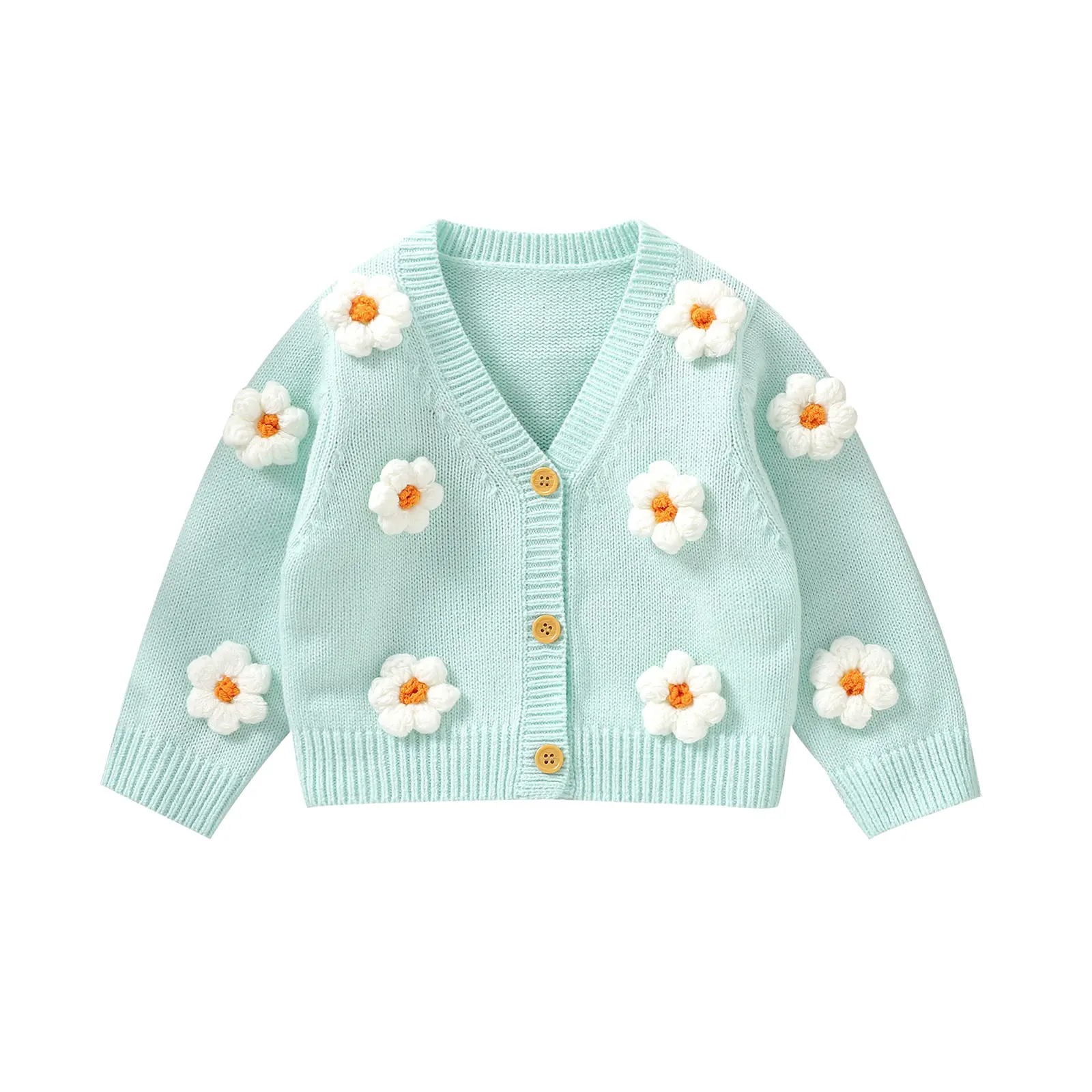 Baby Girl Cardigan, Long Sleeve V Neck Button Closure Flower Winter Warm Knit Sweater Infant Clothes