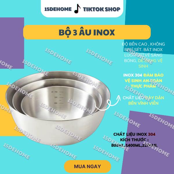 Set 3 Bát Âu Trộn Bột, Thau Trộn Salad Inox 304 Có Vạch Chia Dung Tích Tiện Lợi