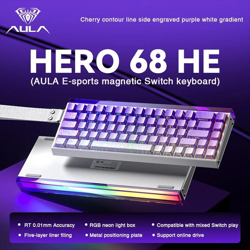 Bàn phím cơ AULA HERO68 HE - Bàn phím Switch từ hiệu năng cao - Hỗ trợ rapid trigger - RT 0.01mm - Return Rate 8K - LED RGB - Có NEON Box LED - Bảo hành 12 T Chính Hãng