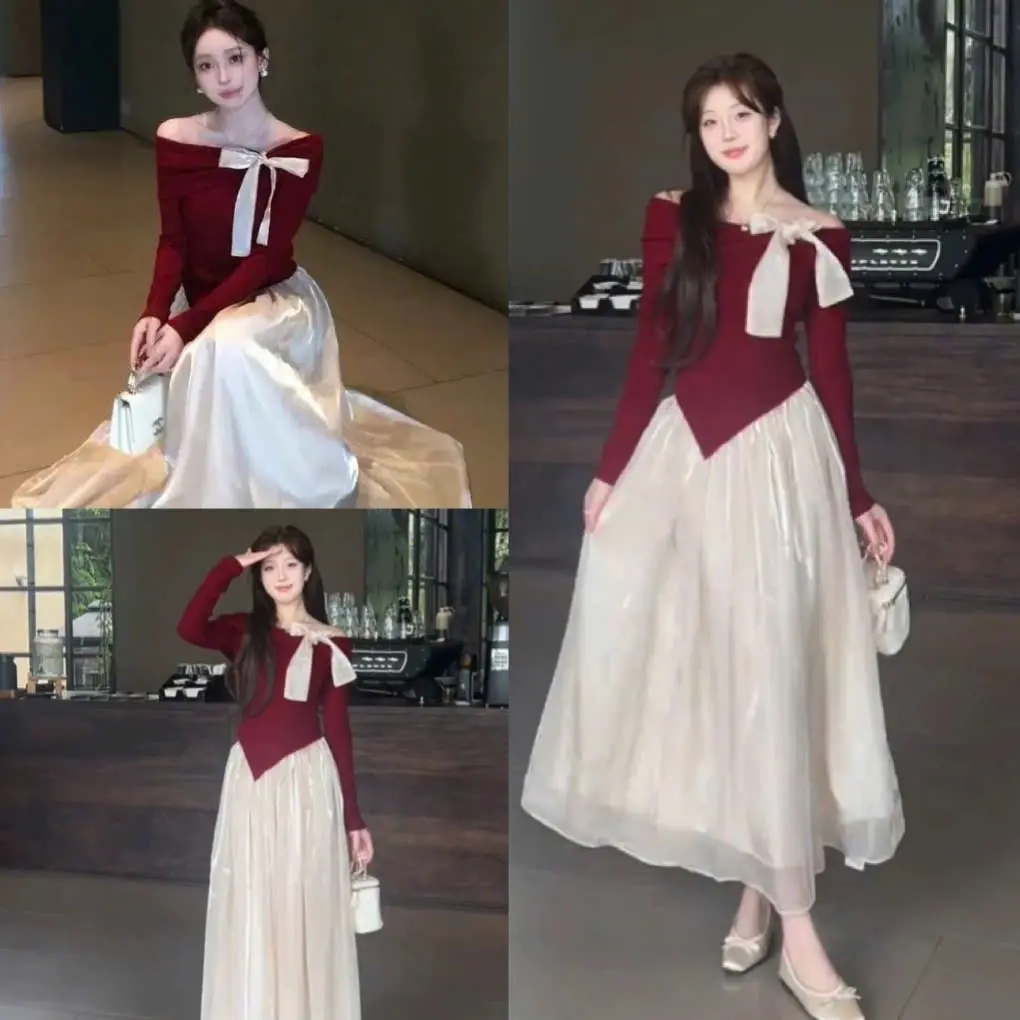 Áo thun trễ vai dài tay đỏ đính nơ vạt chéo kèm chân váy voan dài 2 lớp, Set váy nữ sang chảnh dễ thương đi chơi mặc tết, SUKA SHOP