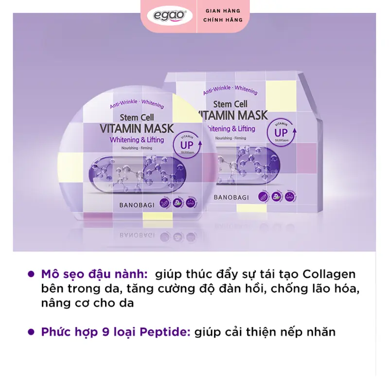 Combo 5 Miếng Mặt nạ Banobagi Hỗ trợ Làn Da Tươi Sáng và Rạng Rỡ, Stem Cell Vitamin Mask Whitening 150g (5 miếng) - Egao 5