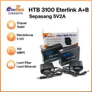 Sepasang HTB-3100 Fiber Optic Media Konverter Single Mode dengan 5V 2A EU Adaptor