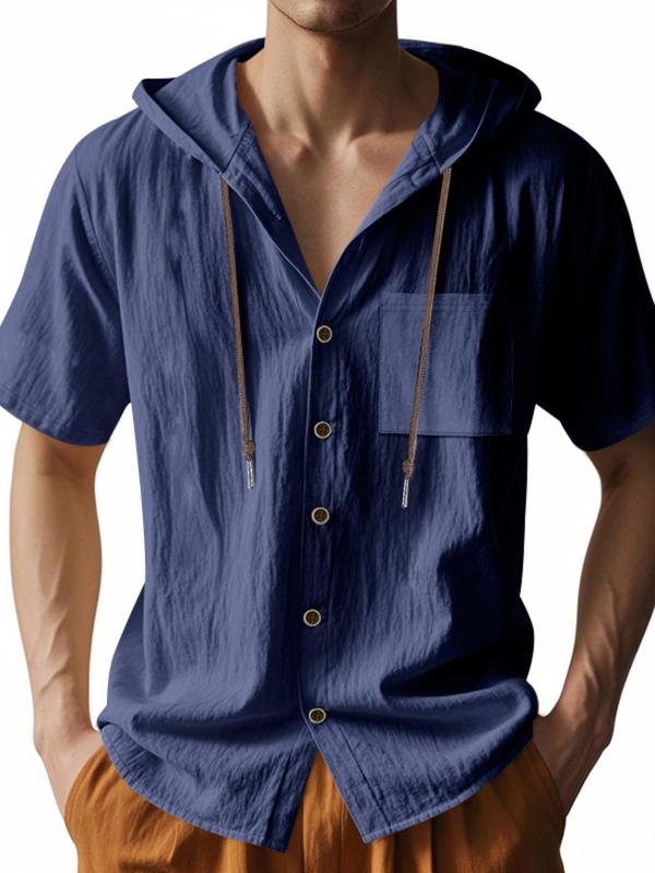 Men's Solid Color Thin Breathable Linen Shirt, Casual Short Sleeve Hooded Top for Summer, Fashion Men's Clothes for Daily Wear, Gamis 7