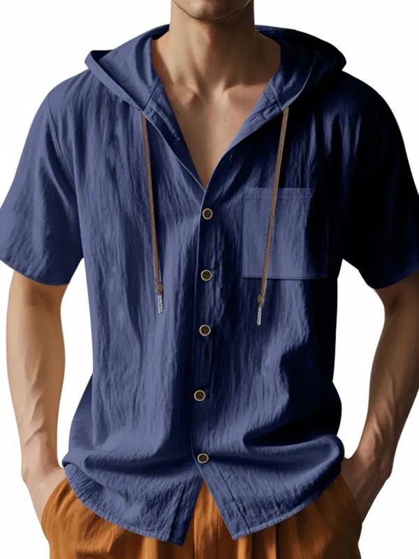 Men's Solid Color Thin Breathable Linen Shirt, Casual Short Sleeve Hooded Top for Summer, Fashion Men's Clothes for Daily Wear, Gamis 7