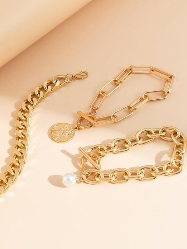 Vintage Chain & Faux Pearl Design Link Bracelet (3pcs), Fashion Punk Chunky Chain Bracelet for Party, Daily Clothing Decor, Trendy All-match & Exquisite Maximalist Jewelry for Birthday Gift 4