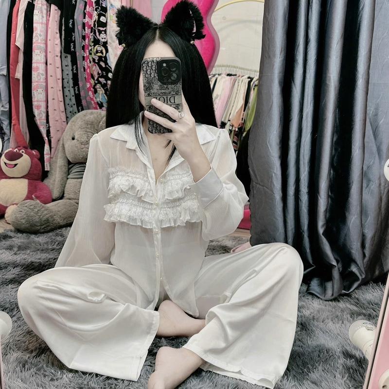 Bộ Đồ Ngủ Nữ Tay Dài Chất Lụa Latin Mềm Mại Phối Vải Voan Có Lót Trong Freesize Women setdomac nhaxinh pizamanu 6