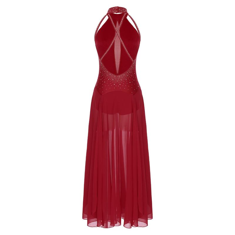 Jizyo Women Lyrical Dance Dress Halter Strappy Back Leotard Mesh Split Maxi Skirt Modern Dance Costume 2