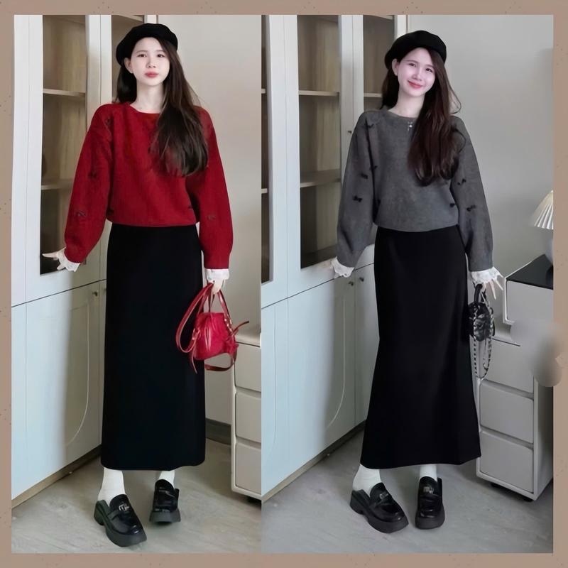  ĐỦ SIZE 38-75 Set Áo Chất TĂM THỎ gắn nơ mix chân váy vuông diện tết và noel siêu xinh