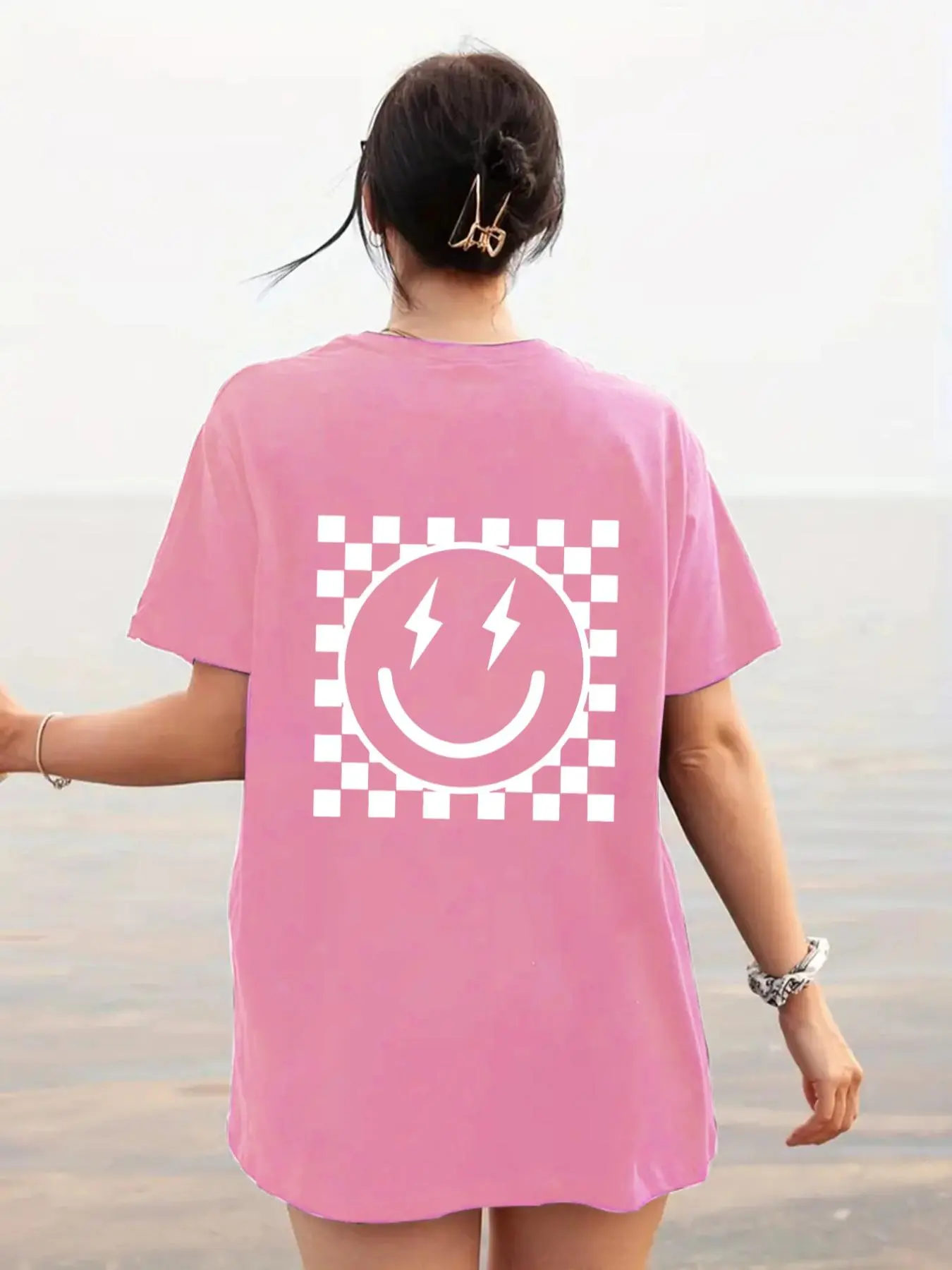 Women's Cartoon Smile Face & Checkerboard Print Round Neck Tee, Fashion Casual Short Sleeve T-shirt for Daily Wear, Ladies Summer Clothes, Top