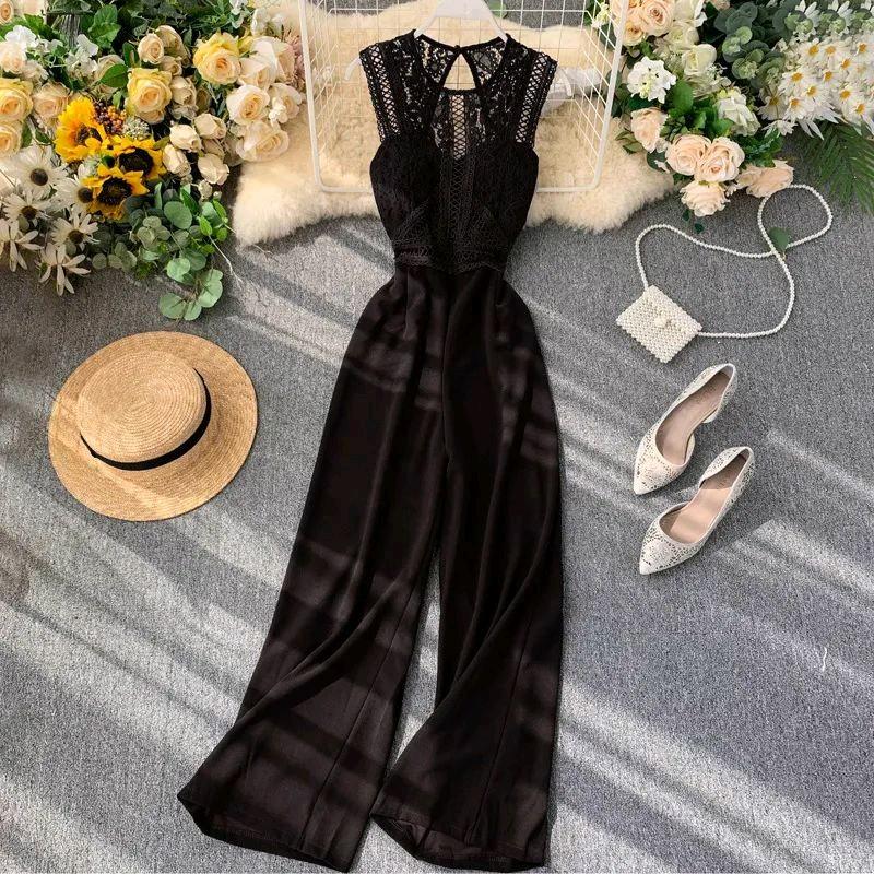biển Jumpsuit dài ống rộng cổ tròn phối ren ● Mã hàng : SJ1195 Cotton Đen Ong vayem  đen 6622#  thanh lịch Viền Ren Women jum nữ đi