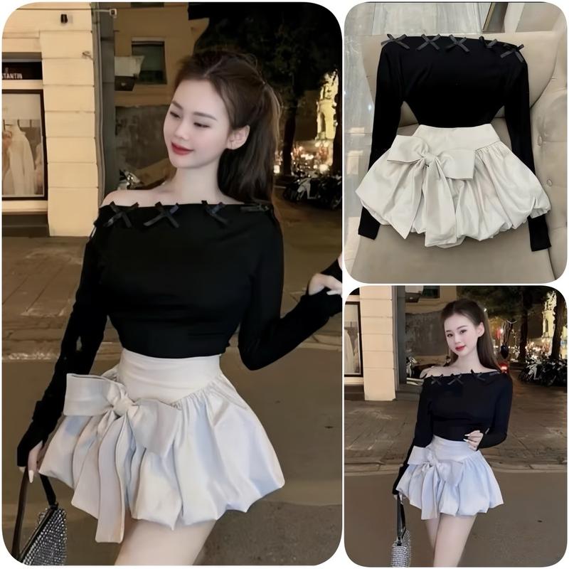 Sét Váy Trễ Vai Gồm Áo Trễ Vai Gắn Nhiều Nơ a phối q+ Chân Váy Bí Phồng Có Nơ