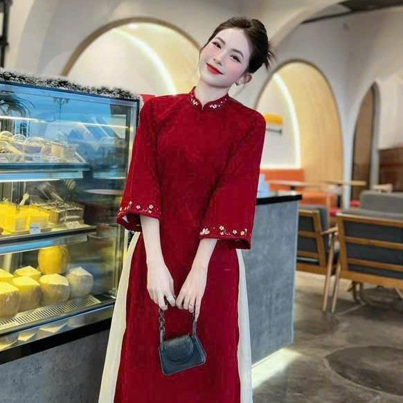 Set bộ áo dài tay lỡ cổ tròn thêu hoa chất nhung phù hợp cho các nàng đi chơi đi lễ Top Women 5