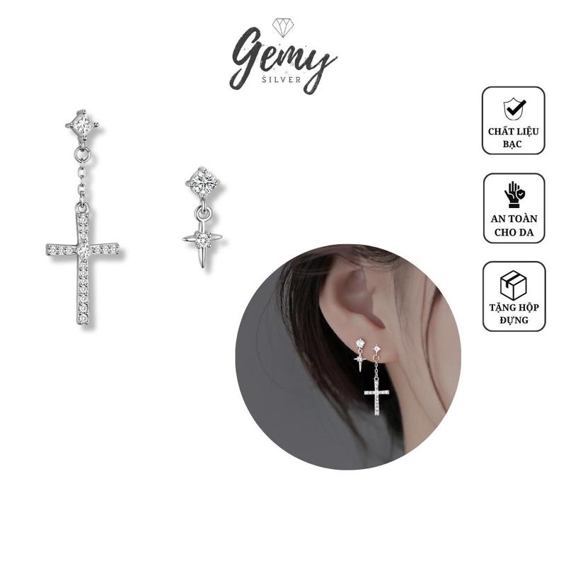 Khuyên tai nam nữ bạc 925/ s99 hình chữ thập thánh giá mắt xích bất đối xứng unisex | GEMY SILVER K114