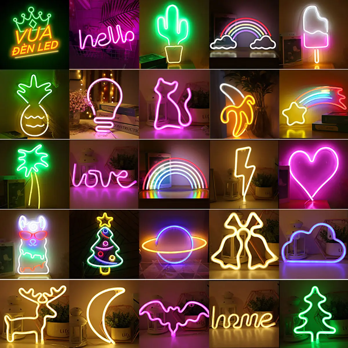 Đèn led neon trang trí phòng ngủ treo tường đa dạng kiểu dáng màu sắc, kèm móc treo, đèn neon decor