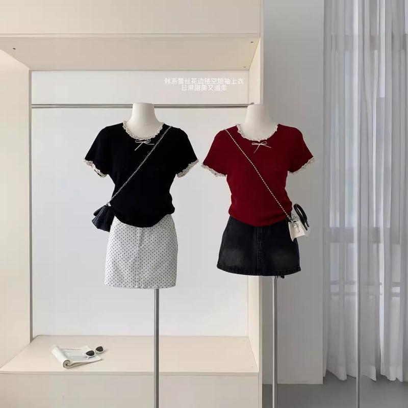 Product Introduction of cổ viền ren phối tay ren đính nơ đơn giản Women - Gân tăm Nữ Cổ Tròn  Kem  thanh lịch Áo Top Sen Sò 2