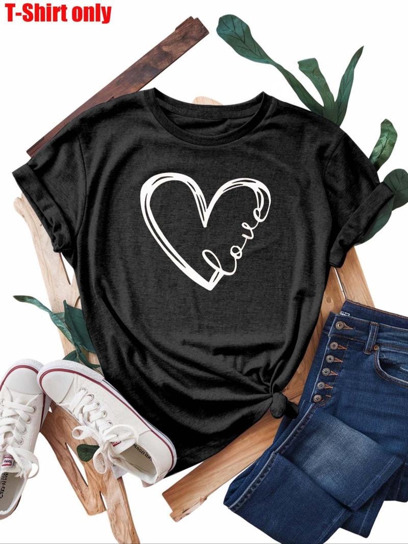 Product Introduction of 【Plus Size】 Heart Print Round Neck Tee, Casual Short Sleeve Crew Neck T-shirt for Daily Wear, Women Plus Clothing for All Seasons 5