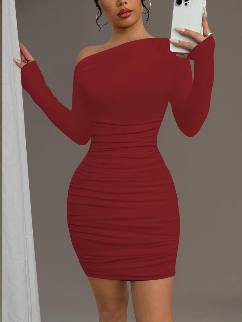 Product Introduction of Women's Plain Ruched Asymmetrical Neck Bodycon Dress, Classy Long Sleeve Short Dress for Party Club Dating Wear, Women's Clothing for Spring & Fall 4