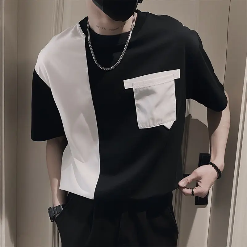 Thương Hiệu Thời Trang Pu Shuai - áo phông ngắn tay cotton, màu tương phản, Patchwork, quần áo mùa hè nam, phong cách Hàn Quốc mới, rộng rãi, đa năng, dành cho học sinh, quần áo hàng đầu Menswear Cổ Tròn