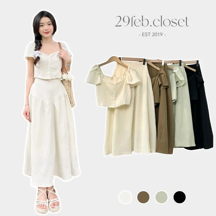 Set áo khuy trước kèm chân váy chất đũi gân dáng xòe dài - 29feb.closet - S105 Nữ Women
