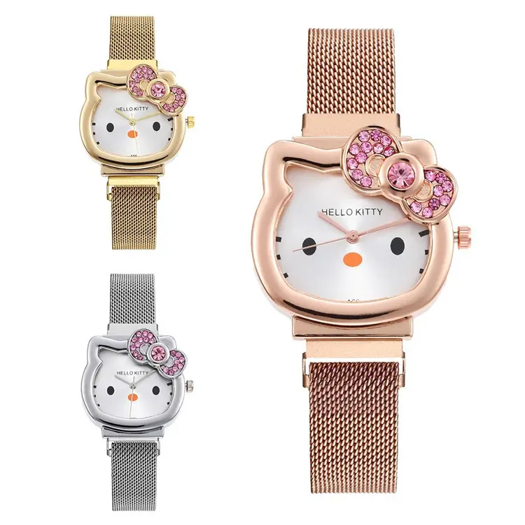 Fashionable cartoon cat watch, women's  studded bow, children's Milan mesh strap, magnet wristband, performance goods wholesale