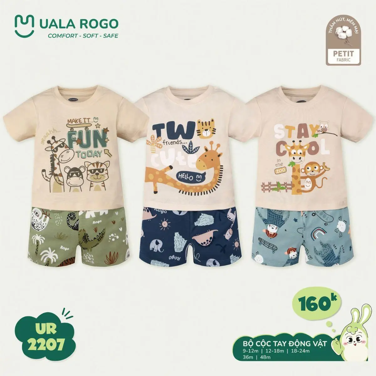 Đồ bộ bé trai Ualarogo cộc tay 9 tháng - 4 tuổi vải Petit mềm mịn co giãn thoáng khí 2207