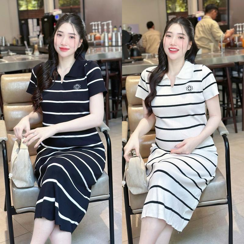  Đầm thun Levi cổ sơ mi kẻ ngang trẻ trung mang cả bầu và sau sinh 