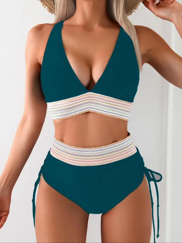 Women's Colorblock Bikinis Set, Casual V Neck Sleeveless Bikini Top & Ruched Tie Side High Waist Swim Knicker, Bathing Suits, Ladies Summer Swimwear for Beach Holiday Vacation 7