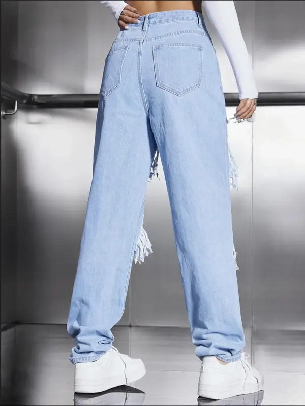 Women's High Waist Ripped Jeans, Fashion Casual Loose Fit Distressed Straight Leg Denim Pants, Destroyed Hole Jeans, Lady Bottoms for Daily Wear Streetwear, Women Jeans, Womenswear, Baggy Jeans 1