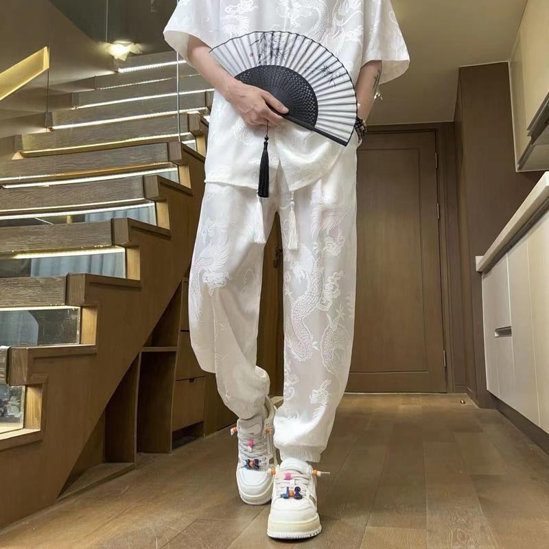 Product Introduction of Chinese Style Dragon Pattern Jacquard Men's Short Sleeve Top & Pants Set - New Asian Trendy Loose Straight & Tapered Outfit |     Summer Breathable Comfort 1