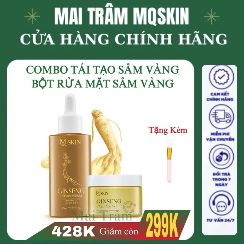 [ M Q SKIN] COMBO TÁI TẠO DA SÂM VÀNG 80ml + BỘT RỬA MẶT SÂM VÀNG 100g [ Không phiếu cào]