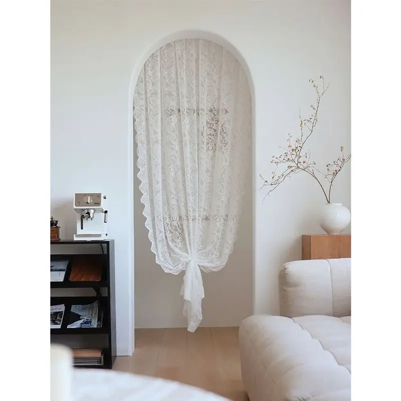 Rèm voan trắng dán tường, rèm họa tiết, Hoa đính kèm hạt, Rèm công chúa màu trà sưɑ~ tại Myahome,tặng dây buộc rèm 6
