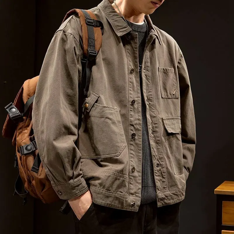 Spring and Autumn American Heavy Fashion Denim Coat Men's Retro Loose plus Size Leisure Cargo Multi-Pocket Jacket Menswear Tops Lingerie Longsleeve Beige Collar Collared Plain