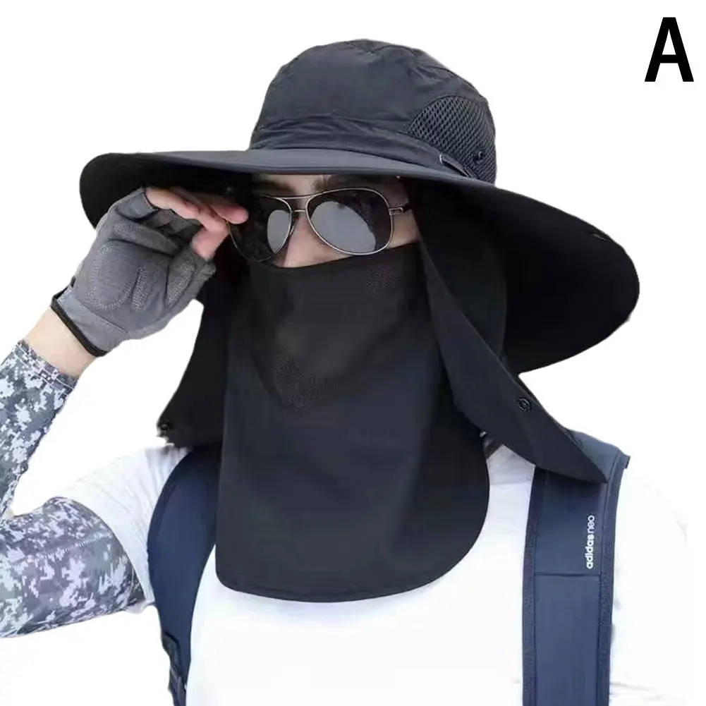 Fashion Summer Sun Hats UV Protection Outdoor Hunting Fishing Sun Cap Wide Brim Breathable Removable Fisherman Hat for Men E9S9
